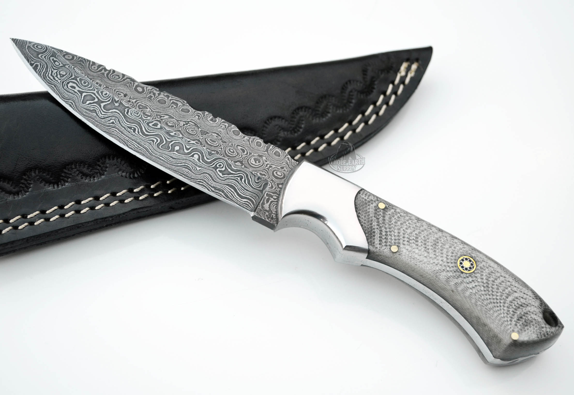 Drop Point Damascus Knife with White & Gray German Micarta Skinning Custom Knives with Leather Sheath