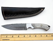 Drop Point Damascus Knife with White & Gray German Micarta Skinning Custom Knives with Leather Sheath