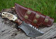 Small Hammered Damascus Tracker Knife Stag Handle Skinning Knives Blades Blade Knife