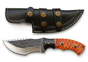 D2 Knife with Hand-Carved Orange Wood Handle, Leather Sheath