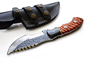 D2 Knife with Hand-Carved Orange Wood Handle, Leather Sheath