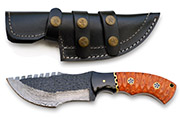 Damascus Knife with Hand-Carved Orange Wood Handle, Leather Sheath