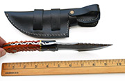 Damascus Knife with Hand-Carved Orange Wood Handle, Leather Sheath