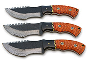 Damascus Knife with Hand-Carved Orange Wood Handle, Leather Sheath