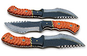 Damascus Knife with Hand-Carved Orange Wood Handle, Leather Sheath