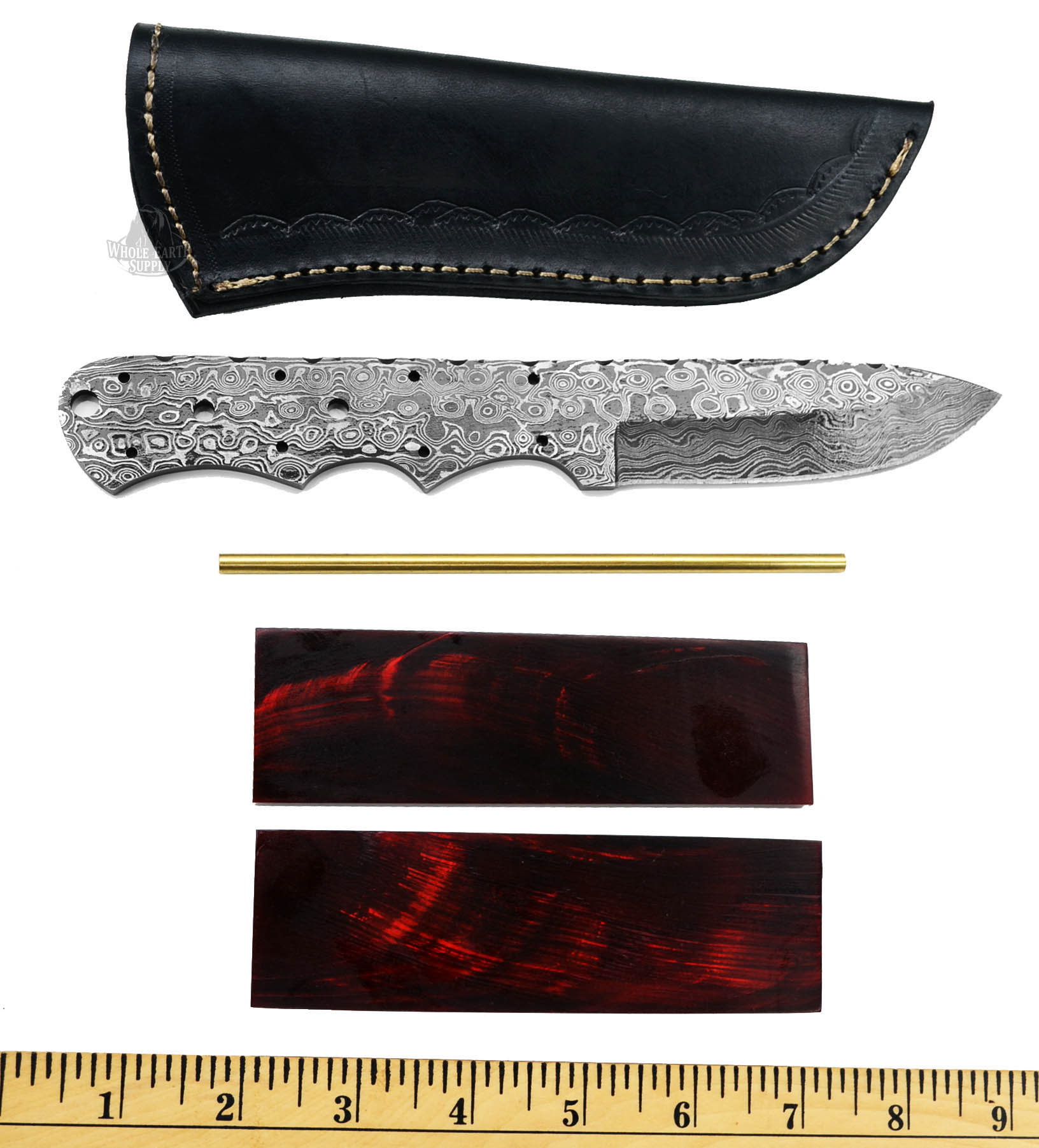(Knife Kit) Build Your Own Damascus Drop Point Knife with Black & Red Buffalo Horn Handles and Mosaic Pin Combo Blank 